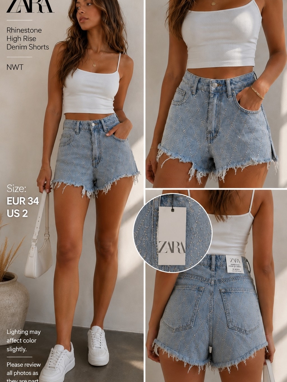 NWT ZARA Women High Waist Sparkly Curved Denim Shorts Blue Size 2 Waist